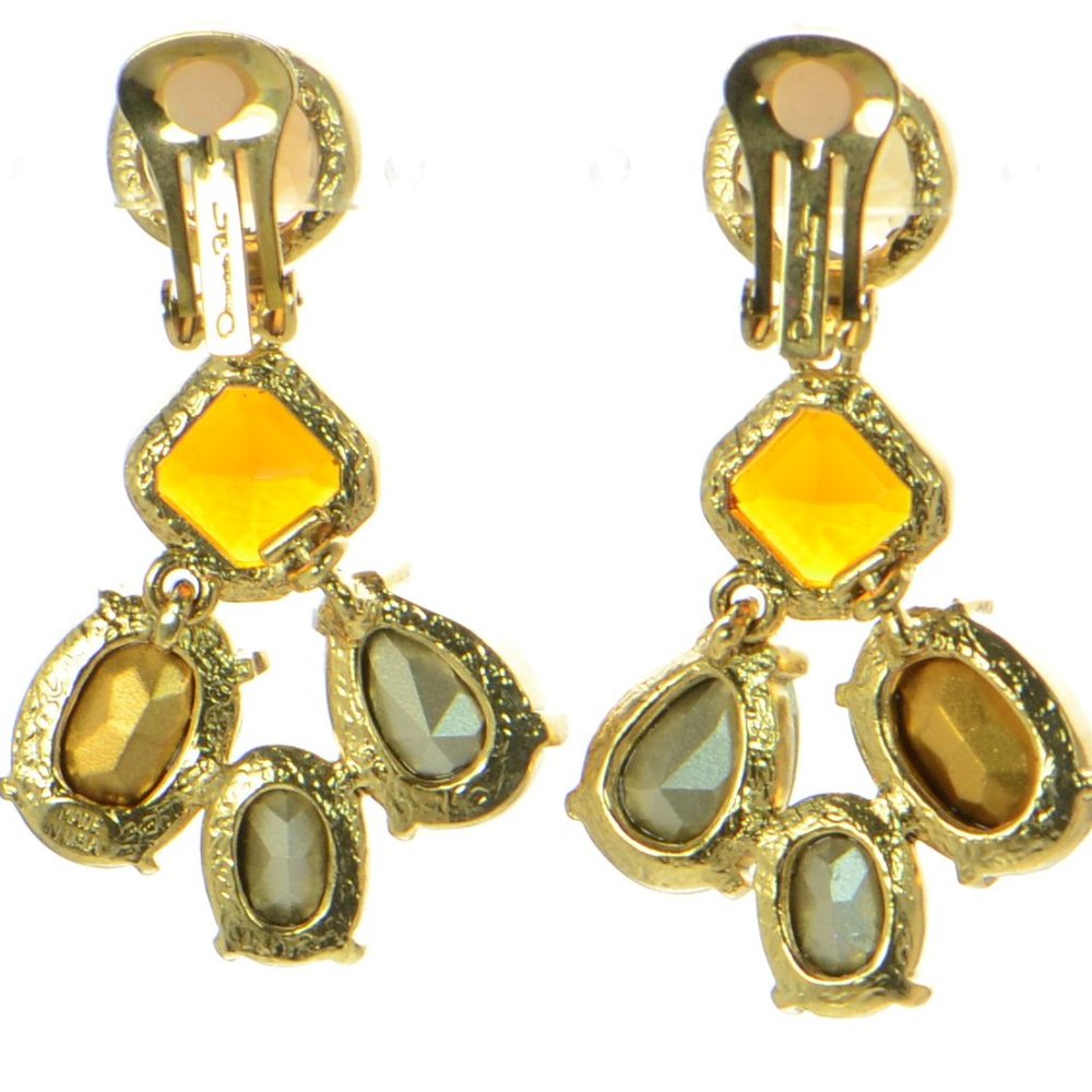 Oscar de la Renta Gold-tone Multi Stone Crystal Drop Clip Earrings - Picture 3 of 5